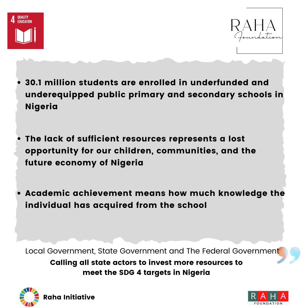 raha_foundation's tweet photo. More resources are required to meet the #sdg4 target in Nigeria 🇳🇬.

It is the responsibility of Local, state and federal government to invest in education of our children.

#education #school #funding #nigeria https://t.co/UxwyXBq2KD