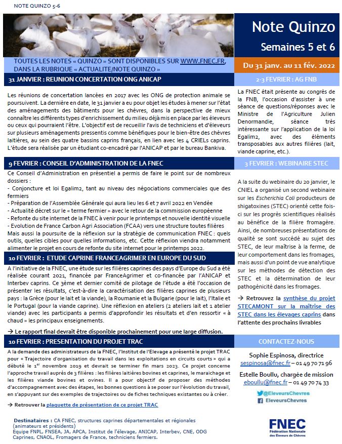 EleveursChevres's tweet image. 📰 Retrouvez les 2 dernières #NoteQuinzo🐐

➡ Au programme : Fondation Biodiversité Fromagère, #Fromagora, section #caprine #Interbev, #STEC, concertation #ONG #ANICAP, CA #FNEC, AG #FNB, étude caprine #FranceAgriMer européen du Sud, et projet #TRAC #Idele

#Caprin #Chèvre #Lait