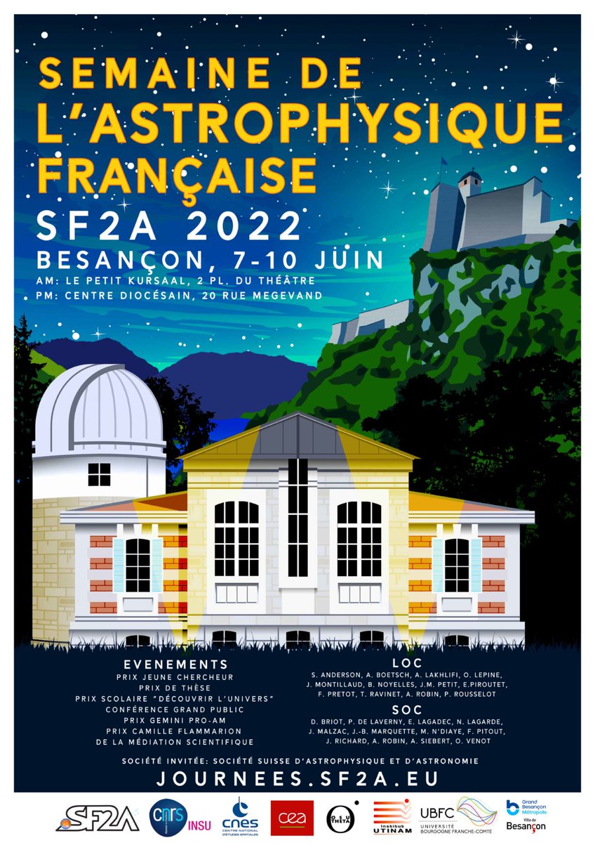 Cette année, la Semaine de l'Astrophysique Française, organisée par @SF2A_astro, aura lieu à Besançon du 7 au 10 juin. Le LAB est très impliqué dans l'évènement. @OASUnivers @univbordeaux @CNRSAquitaine journees.sf2a.eu