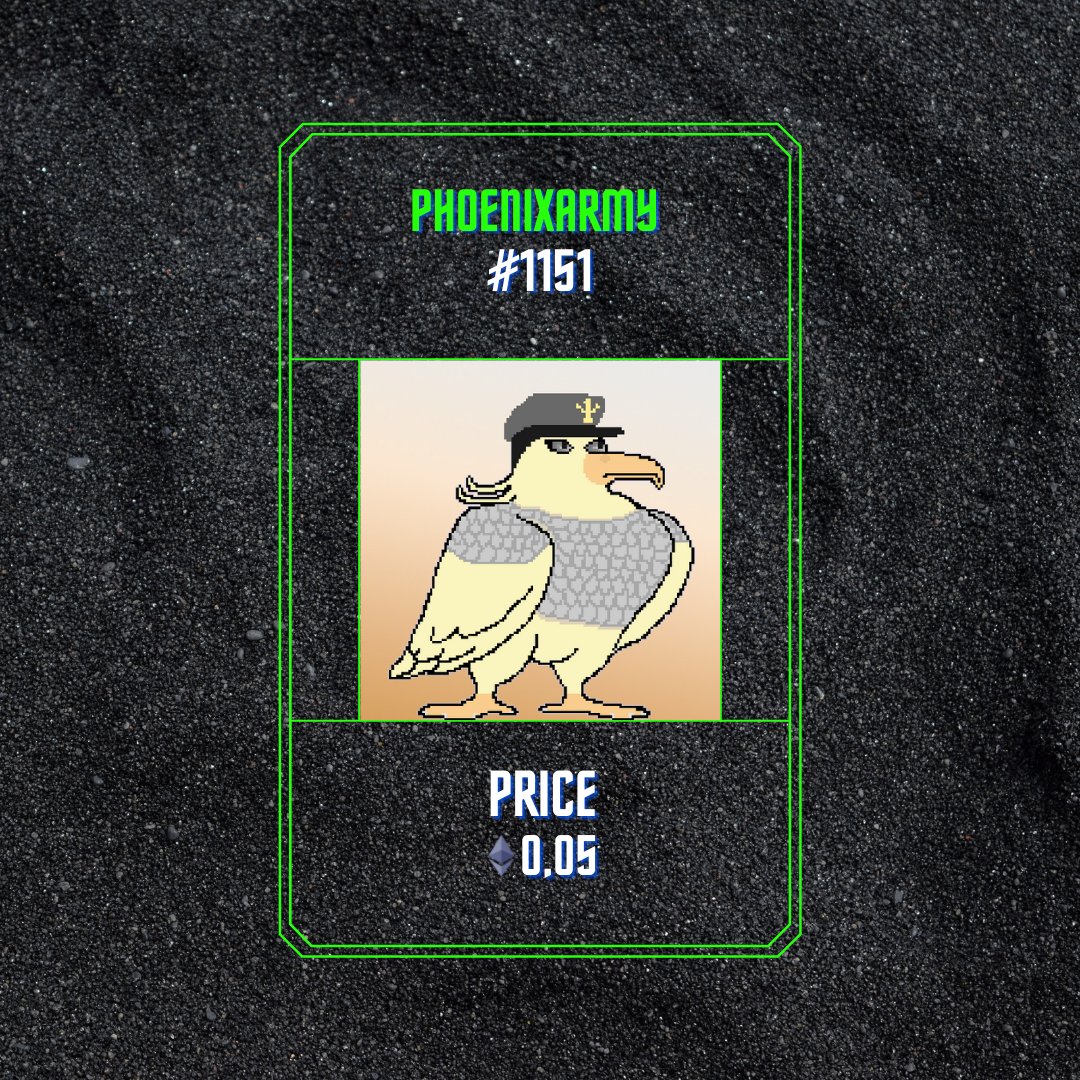 PhoenixArmy #1151!!!
Available on Opensea Now!!!

Check link in bio!
linktr.ee/pheonixarmy

Search PhoenixArmy on Opensea to view collection and join the Army!