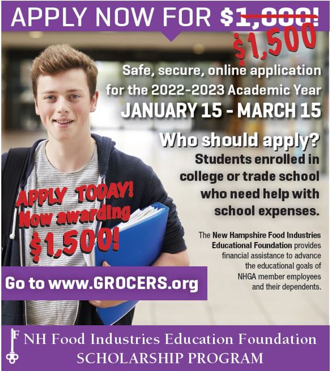 Today is the last day to apply for the NHFIEF Scholarship of $1,500 to provide educational scholarships to students in the NH food industry. Students or parents who are employed by members of NHGA are eligible to apply. 👨‍🎓👩‍🎓 Apply online at grocers.org/nhfief/