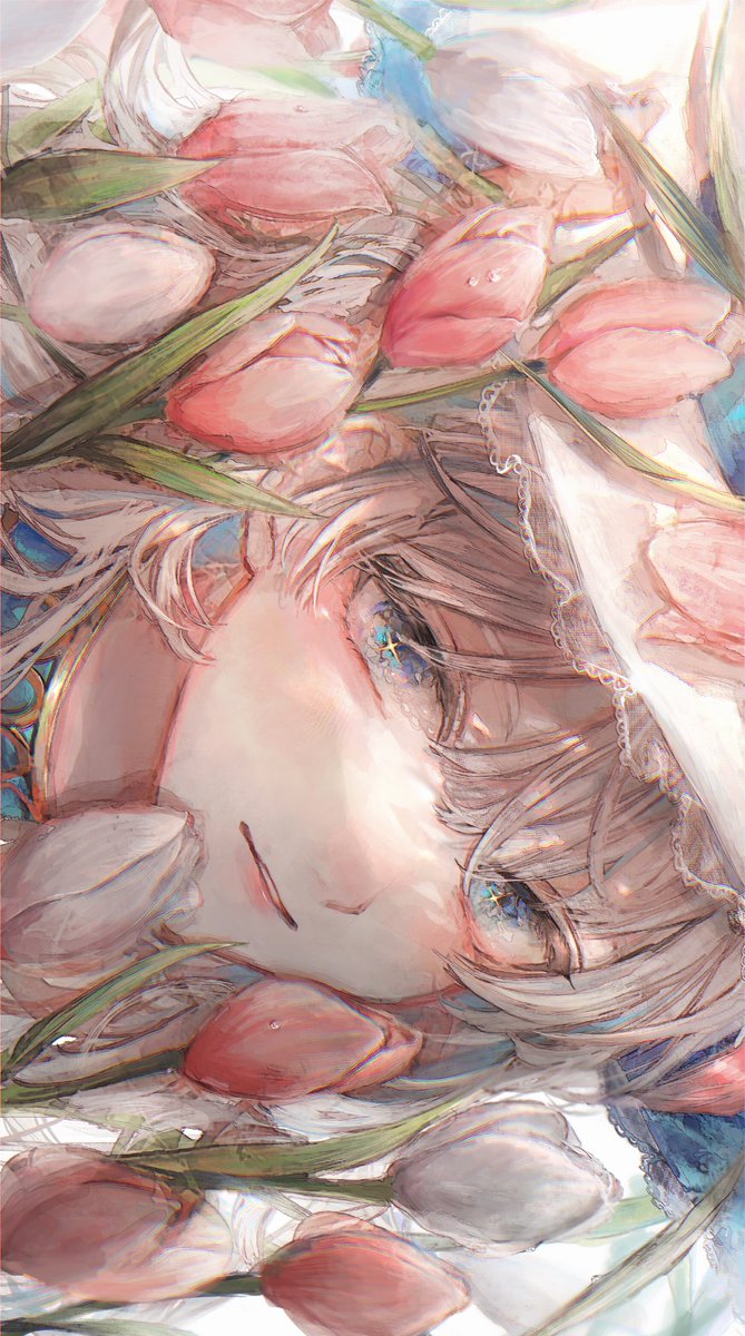 1girl solo flower blue eyes looking at viewer pink flower bangs  illustration images