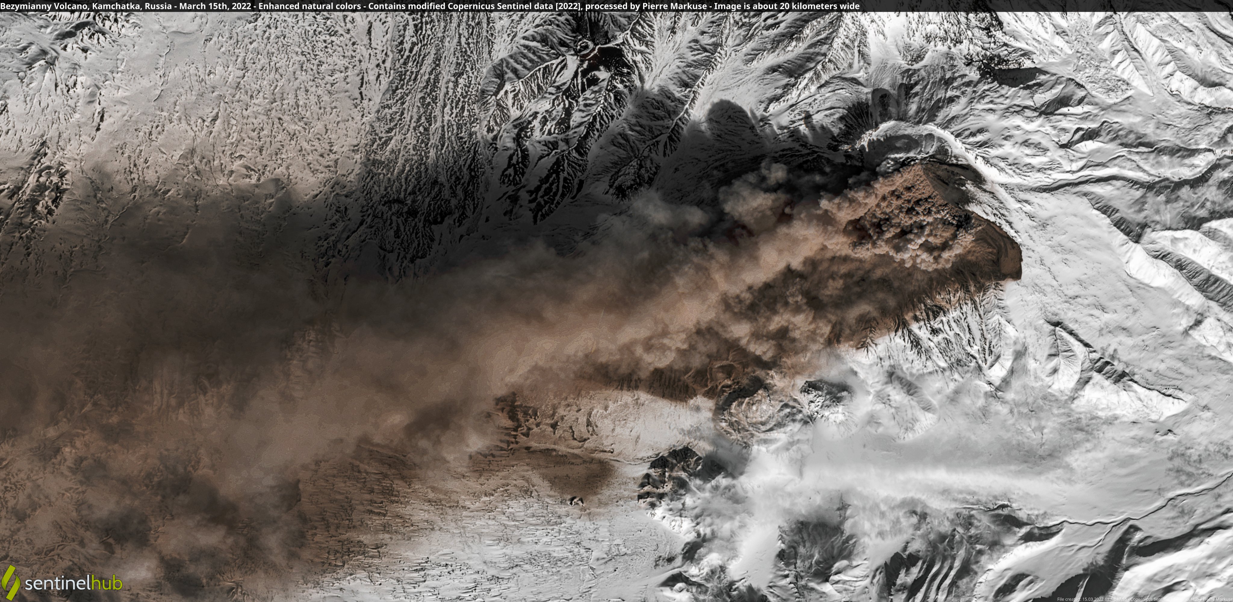Satellite image of the Bezymianny Volcano, Kamchatka, Russia. 15 March 2022. Copernicus/Pierre Markuse