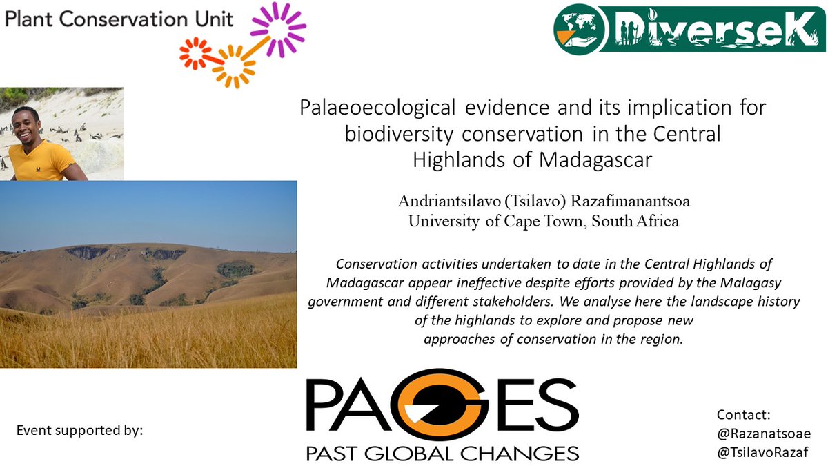 @PAGES_IPO #DiverseK #Paleo-#Stakeholder Workshop Speaker 2 👇 Andriantsilavo Razafimanantsoa @TsilavoRazaf will highlight the importance of #paleorecord in #conservation and #reforestation of potentially #natural #open/mosaic #ecosystems in the Central #Highlands of #Madagascar.