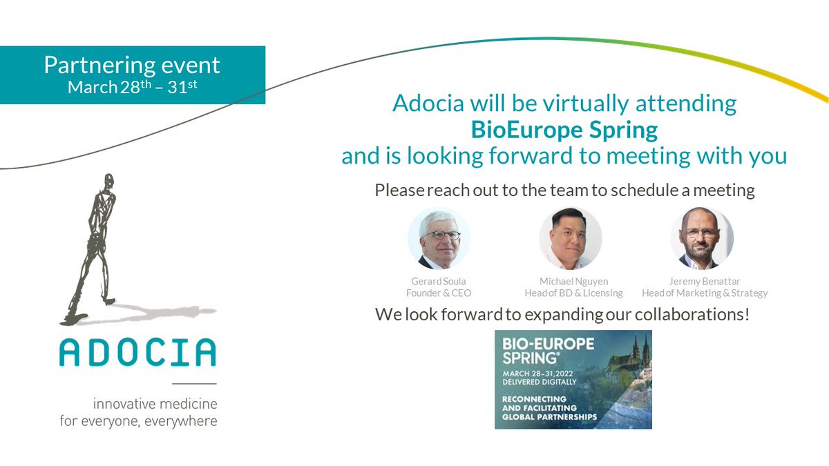 Adocia Biotech (@adocia_biotech) on Twitter photo <a href="/Adocia_Biotech/">Adocia Biotech</a> will be virtually attending #BioEuropeSpring, on March 28-31, and is looking forward to meeting with you!
Please reach out to the team to schedule a meeting.
We look forward to expanding our #collaborations !
#partnering #biotech #innovation <a href="/Adocia_Biotech/">Adocia Biotech</a> will be virtually attending #BioEuropeSpring, on March 28-31, and is looking forward to meeting with you!
Please reach out to the team to schedule a meeting.
We look forward to expanding our #collaborations !
#partnering #biotech #innovation