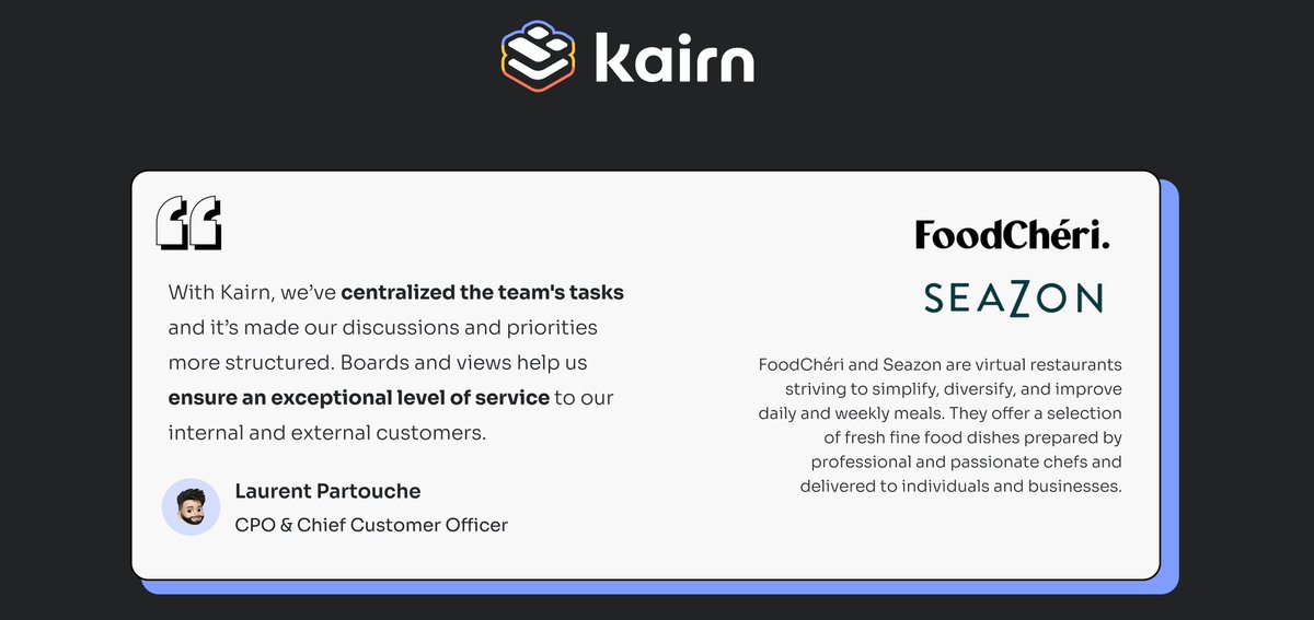 KairnApp's tweet image. @Foodcheri | @Seazonfr ❤️@KairnApp

We love how @LPartouche, CPO&amp;amp;CCO of @Foodcheri | @Seazonfr, uses Kairn on a daily basis to structure the team&apos;s projects!