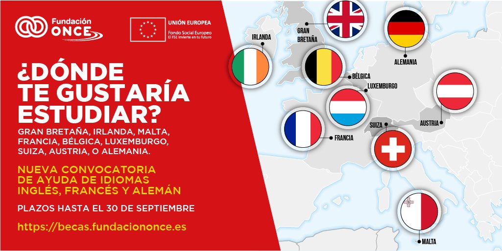 garantia_juv's tweet photo. 👨‍🏫👩‍🏫 ¿Tienes #discapacidad y te gustaría aprender algún idioma en el extranjero?

¡Desde @Fundacion_ONCE te echan una mano para que lo consigas!

Estudia en Gran Bretaña, Irlanda, Malta, Francia, Bélgica, Luxemburgo, Suiza.

🔵 Consulta la convocatoria 👉 https://t.co/8OdIBKegEw https://t.co/fA3H8gStkn