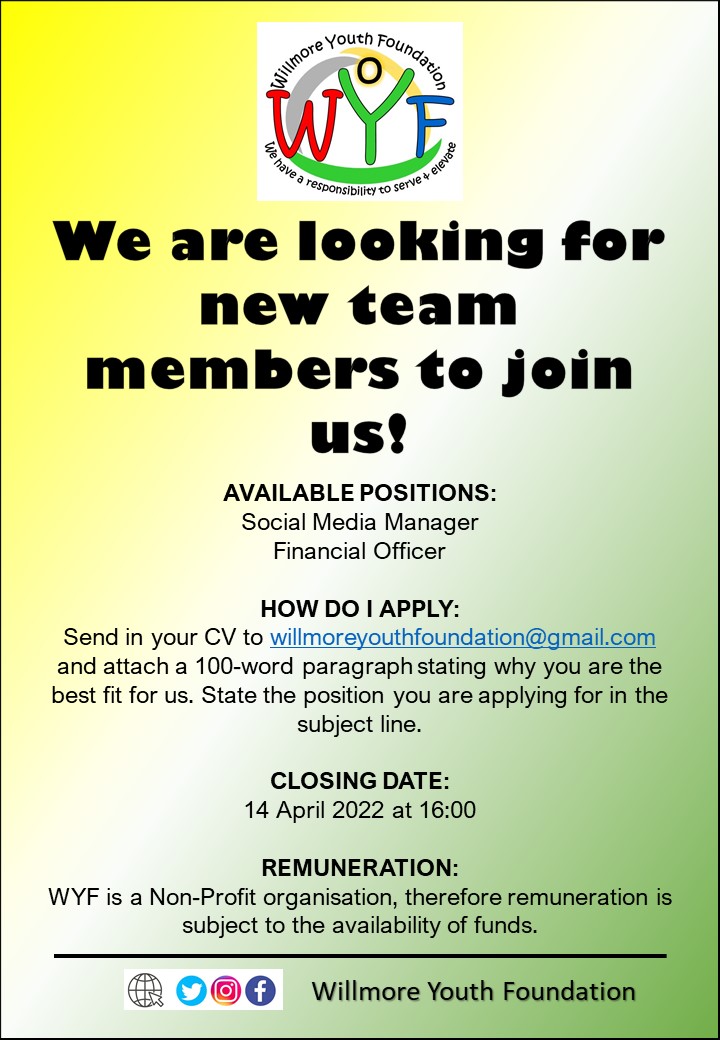 WYFoundation_1's tweet photo. We are looking for new team members to join us! Are you the person we are looking for? Apply and you could be joining us soon! 
Closing date: 14 April 2022

#SASSA #cyrilramaphosa https://t.co/bByljqdKUY