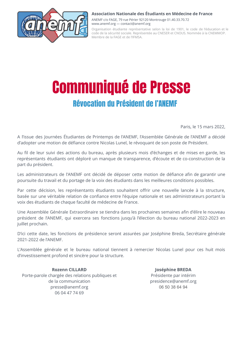 [CdP]
Ce dimanche, l'Assemblée Générale de l'ANEMF a décidé d'adopter une motion de défiance contre Nicolas Lunel, le révoquant de son poste de Président.
⬇️