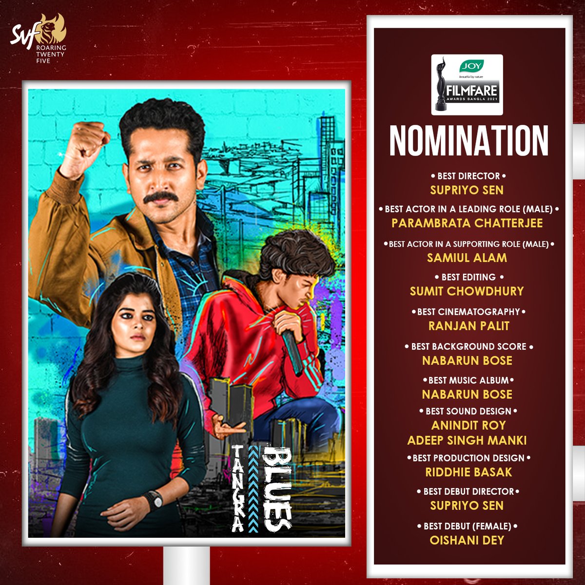 SVFsocial's tweet photo. #TangraBlues beating our mid-week blues, with roaring nominations!

@cinesen @paramspeak #SamiulAlam #SumitChowdhury #RanjanPalit @nabarunbose @adeepmanki @RoyAnindit #RiddhieBasak #OishaniDey #FilmfareAwardsBangla2021 https://t.co/fkGe4QyICc