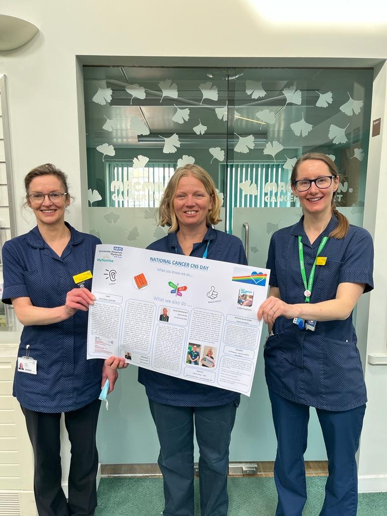 Kirsty (Chemo), Beatrice (Uro-Oncology), Nicola (Immunotherapy) showing our poster that was created for #NationalCancerCNSDay to show all the hard work our CNS teams do for our patients. @UHP_NHS @siandennison @PeninsulaCancer @MySunriseApp
