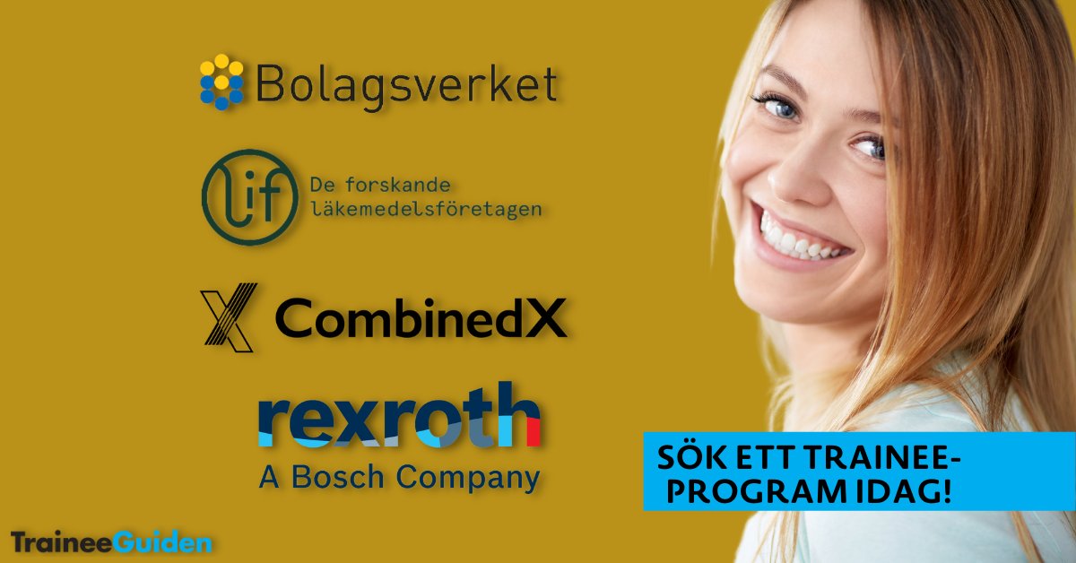 Gör ditt bästa #karriärval redan nu. Sök till ett #traineeprogram.
⭐️Bolagsverket - link.traineeguiden.se/3tY4xXI
⭐️CombinedX - link.traineeguiden.se/3KGLLLb
⭐️Bosch Rexroth - link.traineeguiden.se/3i68zrB
⭐️<a href="/LIFse/">Lif Sverige</a> - link.traineeguiden.se/3IgWISk 
#talang #ingenjör #ekonom #systemvetenskap #juridik