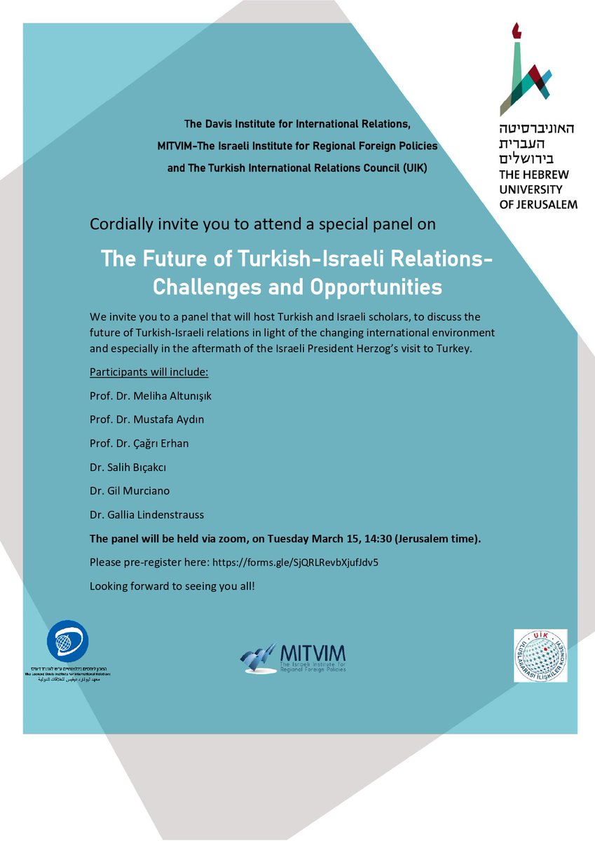 היום בשעה 14:30 יתקיים דיון שולחן עגול של @Mitvim @LeonardDavisIns @uikonseyi בנושא יחסי תורכיה-ישראל עם מומחיות ומומחים תורכים וישראלים!
האירוע יתקיים באנגלית.
להרשמה:
tinyurl.com/2p8w34jx

#TurkeyIsrael #Israeliforeignpolicy