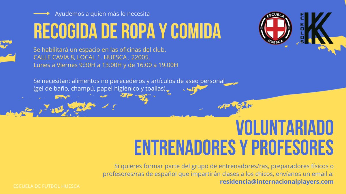 EF_Huesca's tweet photo. 🔵🟡ACOGIDA DE REFUGIADOS UCRANIANOS EN LA ESCUELA DE FÚTBOL HUESCA🔵🟡

Desde la @EF_Huesca queremos hacer un llamamiento a todas aquellas personas que quieran colaborar y os invitamos a formar parte de esta labor solidaria. 🙏🏼

👇🏼Colabora con nosotros👇🏼

https://t.co/uUnhNzSATq https://t.co/0H50Yl16v3