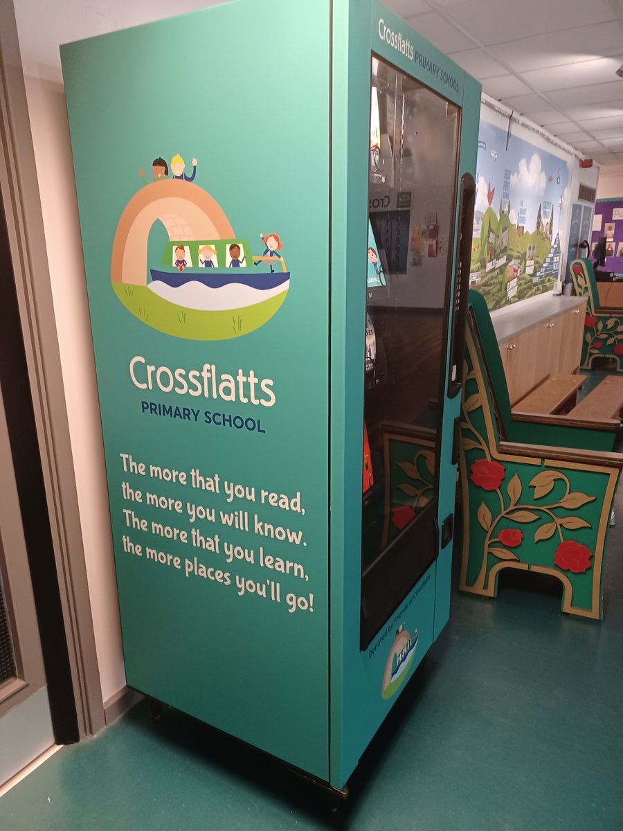 CrossflattsPri's tweet photo. 📚Our book vending machine has arrived! A massive thank you to the PTA and our families for making this a reality! Mrs. Bennett has some very special gold book tokens that the children will be able to earn through their wonderful learning, behaviour and attitude in school.📚 https://t.co/FIwfSlEADv
