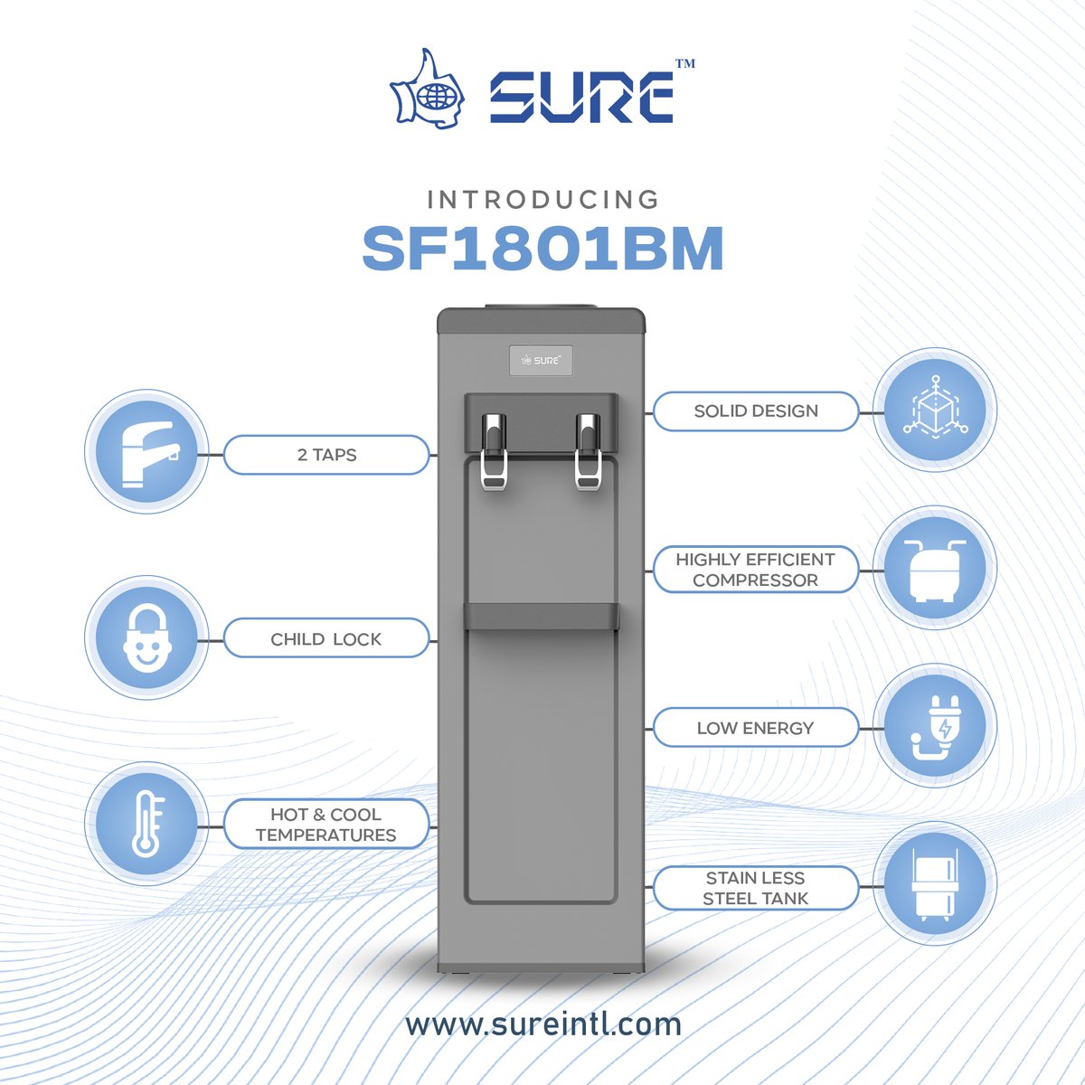 sure_dispensers's tweet image. Introducing SF1801BM, a robust and industrial design with a multitude of features including hot and cold water tap, energy-efficiency, versatile design and many more. Contact us to know more information!
#MultiFrequency #BestFeatures #WaterDispenser #SureGroup #SureWaterDispenser