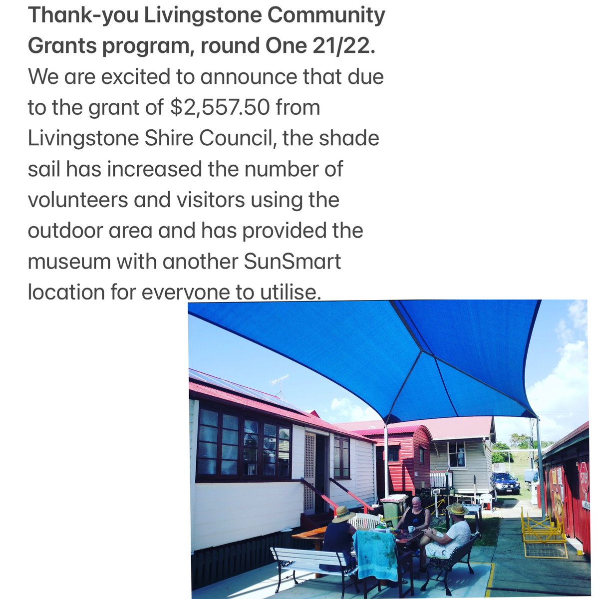 EPHMuseum's tweet image. We are excited to announce that due to the grant of $2,557.50 from Livingstone Shire Council, the shade sail has increased the number of volunteers and visitors using the outdoor area and has provided the museum with another SunSmart location for everyone to utilise.