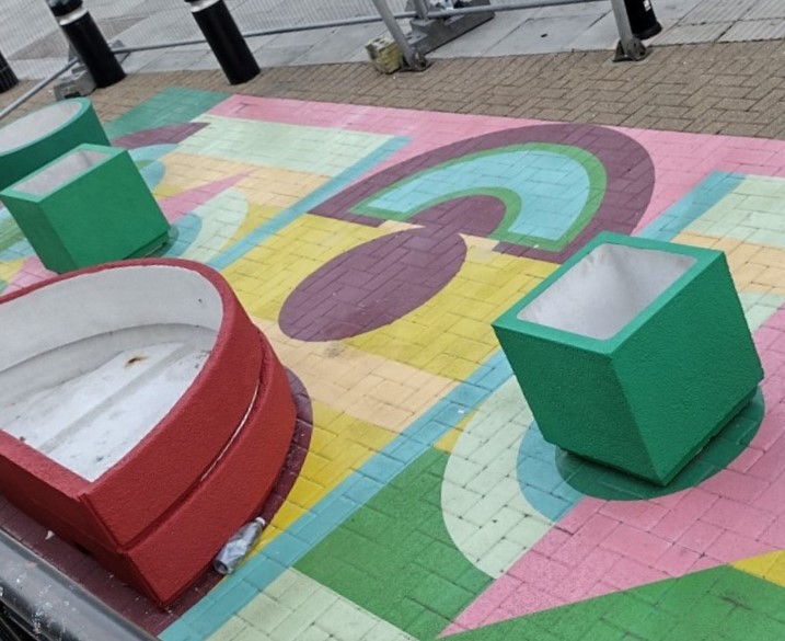 NewhamShape's tweet photo. Installation of the colourful gardens at the base of Henniker Point in Maryland is under way. 'PlayGrown' was designed by local designer @astrainscheldt  during workshops with children attending @MarylandPrimary . https://t.co/bIBVcS1eKZ