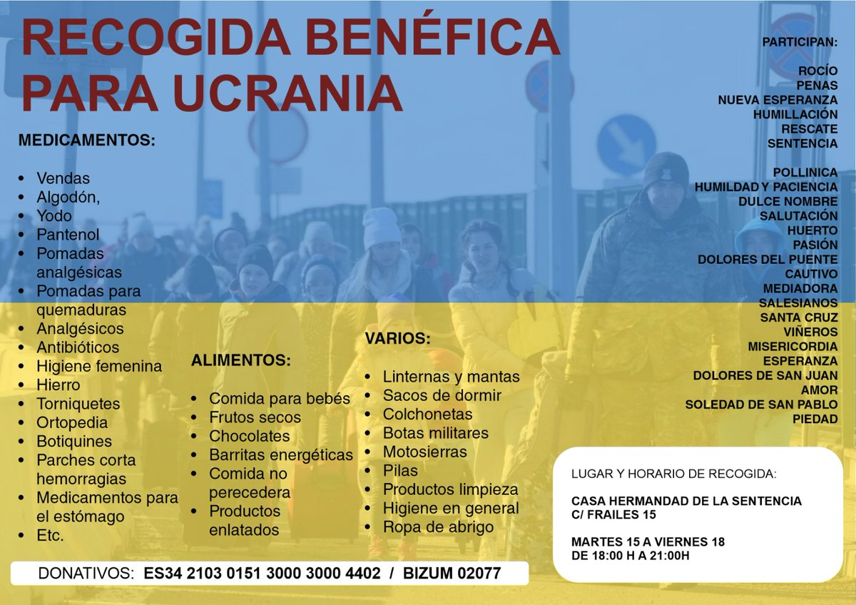 lasentencia's tweet photo. 🤝 RECOGIDA SOLIDARIA 🤝

Hasta 24 cofradías se unen en una recogida benéfica de medicamentos, alimentos y otros productos para ayudar a Ucrania. ¡Colabora!

📆 De martes a viernes
🕣 18:00 a 21:00 h
⛪ Casa Hermandad @lasentencia

#CofradíasMLG
#CofradíasUKR https://t.co/5iOC8YRd7a