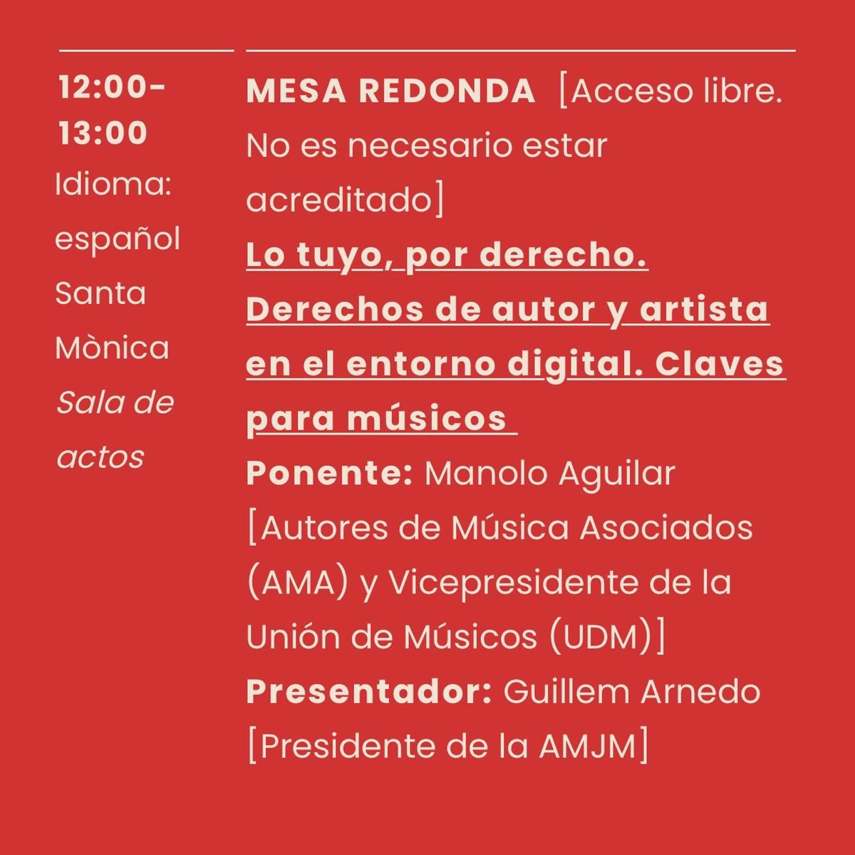 amjmcat's tweet photo. L’AMJM participa al @jazziambcn amb una taula sobre 📲Drets d’autor en l’entorn digital
🗓dijous 24 de març
🕛 12h
📍@santamonica_bcn
⚠️ACCÉS LLIURE sense acreditació!
@tallerdemusics @AMAutores @UnionMusicosPro https://t.co/wFgYjeHAVS