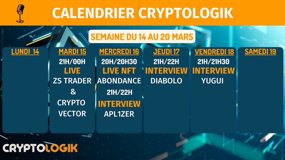 LogikCrypto's tweet photo. Salut la team Logik! Voici le planning des #Interviews de cette semaine ! 
À vos agendas soyez aux rendez-vous 😉
➡️ https://t.co/zhnVhsYPOJ 

#AMA #crypto https://t.co/CI4sSUAX6X
