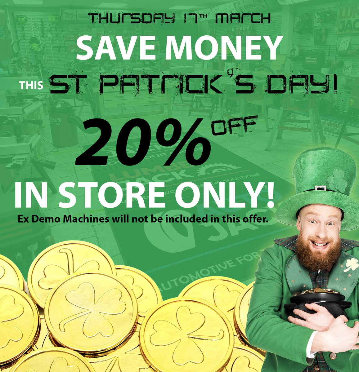 🍀20% OFF INSTORE ONLY &amp; LEGENDARY DEALS ON OUR EX-DEMO TOOLS! 
💸This Thursday 17th March we are celebrating the day by giving you a huge 20% off when you purchase instore. Also to offer unmissable deals on our Ex-Demo tools for 1 day only! 

Visit our showroom...
