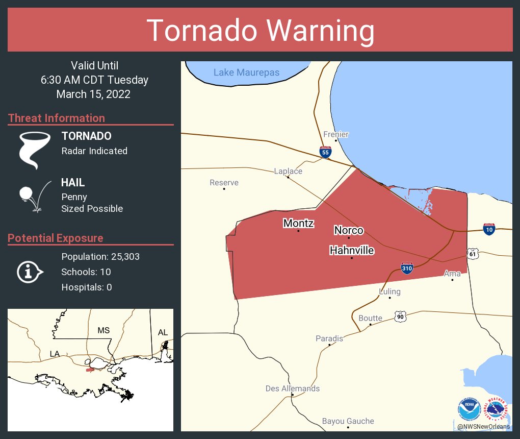 Louisiana GOHSEP on Twitter "RT NWSNewOrleans Tornado Warning including Hahnville LA, Norco