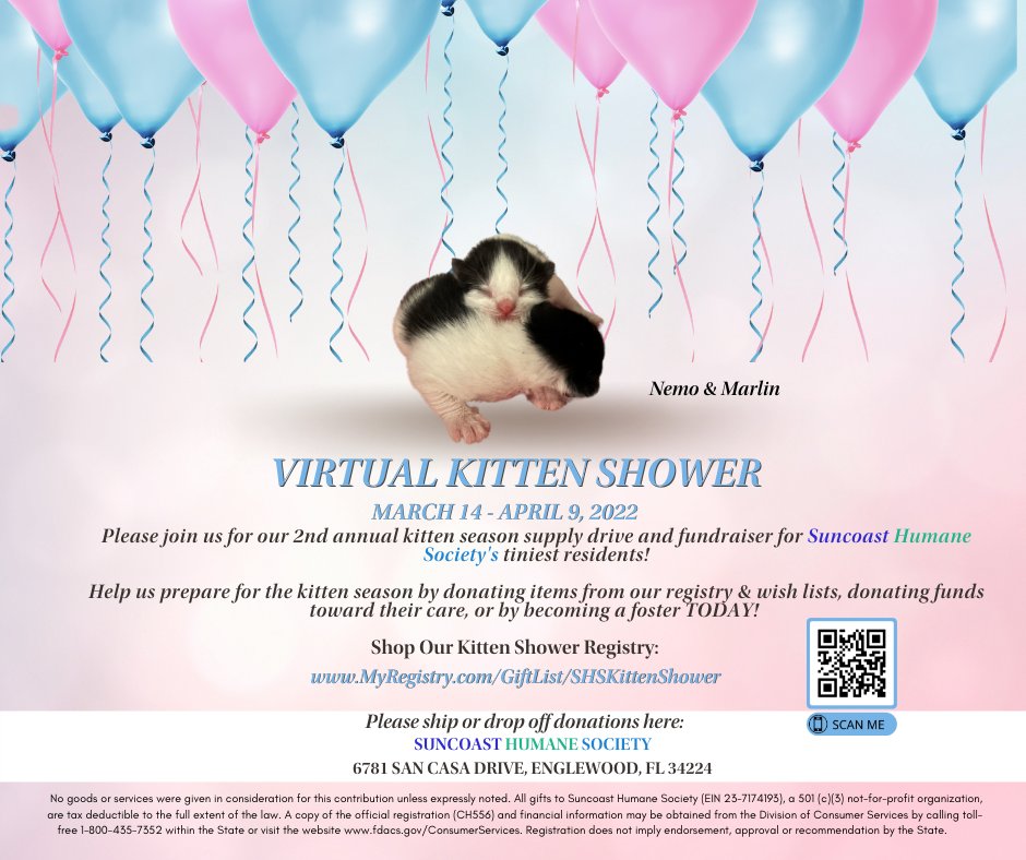 SuncoastHumane's tweet photo. You're invited! Help us prepare for #kitten season by joining us for a virtual shower! Visit https://t.co/1HjBQXsBBH or become a #foster today at https://t.co/61SsVoHJL7 https://t.co/O5utEagEv9