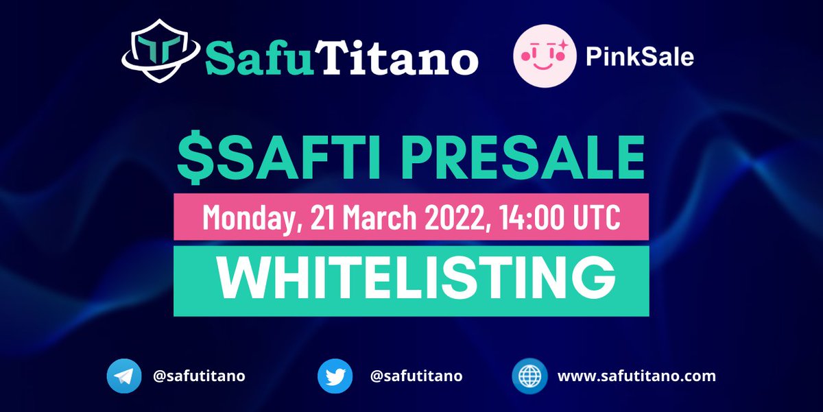 Safu Titano ($SAFTI) | #BSC (@safutitano) on Twitter photo <a href="/SafuTitano/">Safu Titano ($SAFTI) | #BSC</a> The Best Auto-Staking & Auto-Compounding Protocol, inspired by #SAFUU and #TITANO
Earn 392,537% APY by just holding $SAFTI token in your wallet
#PinkSale Monday, 21st March 2022
Join Whitelisting now gleam.io/FToFj/safu-tit…
#Whitelist #Whitelists #Presale #IDO <a href="/SafuTitano/">Safu Titano ($SAFTI) | #BSC</a> The Best Auto-Staking & Auto-Compounding Protocol, inspired by #SAFUU and #TITANO
Earn 392,537% APY by just holding $SAFTI token in your wallet
#PinkSale Monday, 21st March 2022
Join Whitelisting now gleam.io/FToFj/safu-tit…
#Whitelist #Whitelists #Presale #IDO