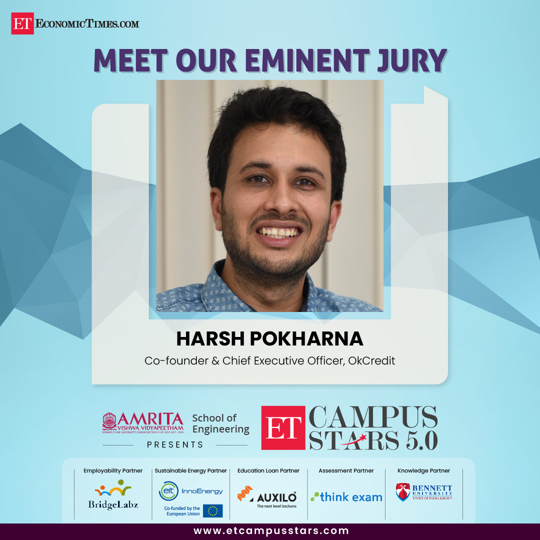 Meet the Jury for #ETCampusStars 5.0 | Harsh Pokharna, CEO &amp; Co-Founder, OkCredit.
.
To register, please visit: etcampusstars.com
.
#ETCS #Jury #Engineering #career #TalentHunt