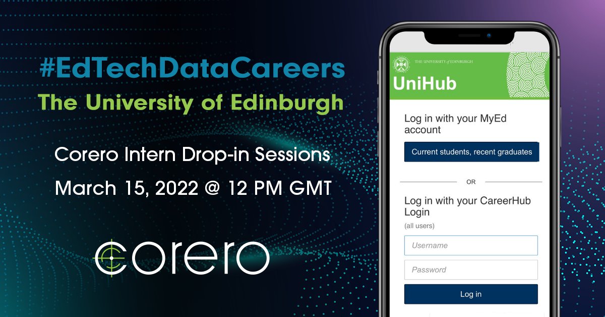 Corero's tweet photo. Will we see you during @EdinburghUni's drop-in events today?! Head to your MyCareerHub page to meet with members of the Corero team and learn more about our open internship roles!
#EdTechDataCareers
https://t.co/KUC2x291R7 https://t.co/stP7zYaaRG