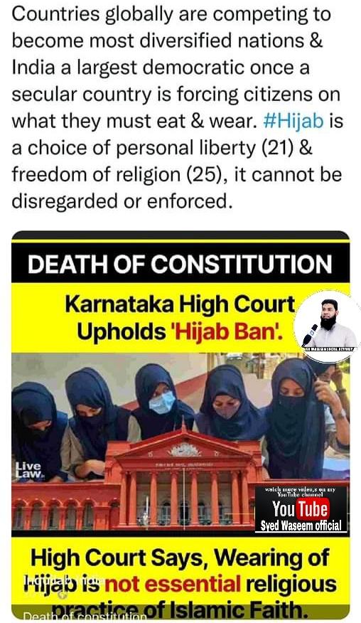 SyedWaseemOffi1's tweet photo. Death Of Constitution,  Karnataka High Court Upholds  'Hijaab Ban #HijabBan #DeathOfConstitution https://t.co/IWqtxMN9DF