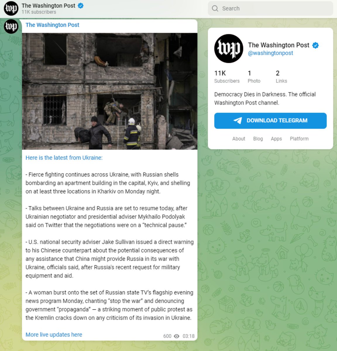 gracesoyeonmoon's tweet photo. Hi all, the Washington Post has relaunched its Telegram channel. Our journalists from around the world will be sharing the latest updates on the war in Ukraine here, and this coverage is free to access in Ukraine &amp; Russia. 

Follow &amp; feel free to share: https://t.co/OOu61tsHLx https://t.co/w3EA0DE3hK