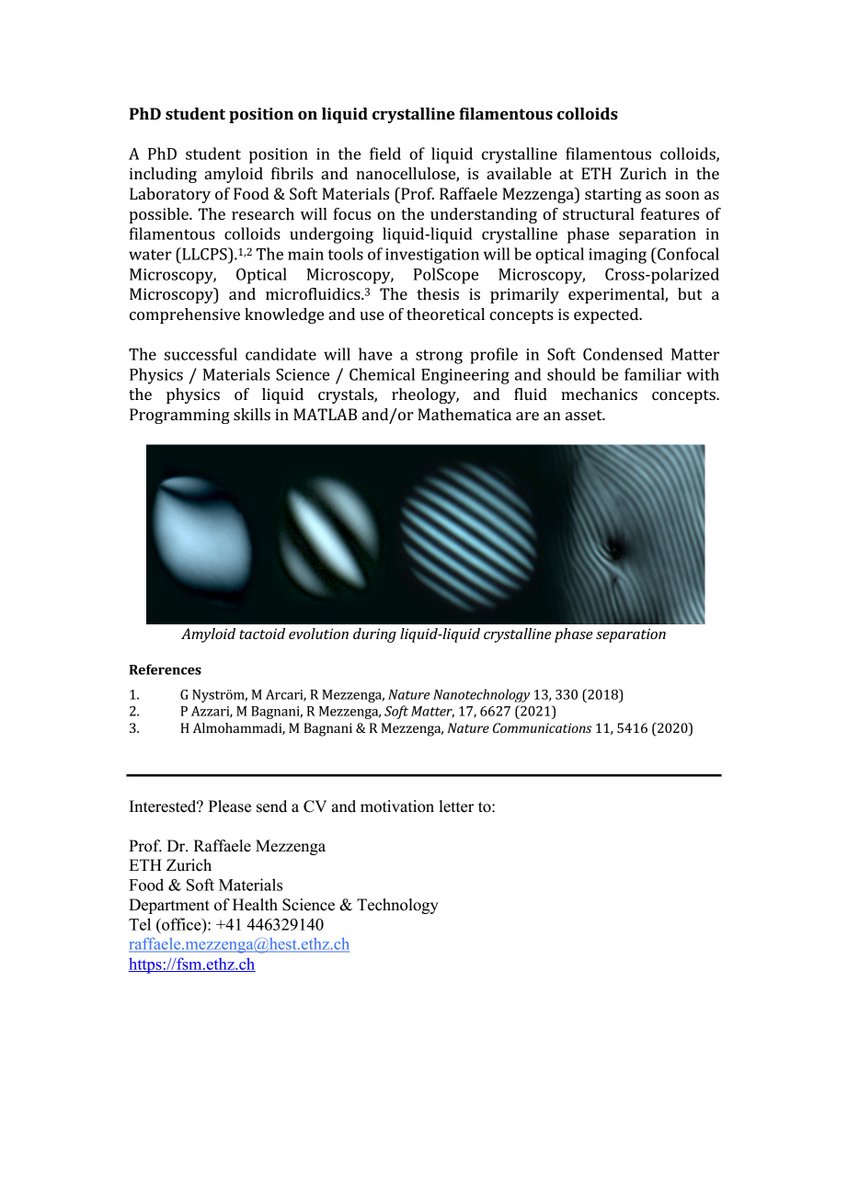 Hamed Almohammadi (@hmd_almohammadi) on Twitter photo Interested in soft matter physics? Come join us <a href="/ETH_en/">ETH Zurich</a> ! Open PhD position in our lab on liquid crystalline filamentous colloids- starting ASAP! Interested in soft matter physics? Come join us <a href="/ETH_en/">ETH Zurich</a> ! Open PhD position in our lab on liquid crystalline filamentous colloids- starting ASAP!