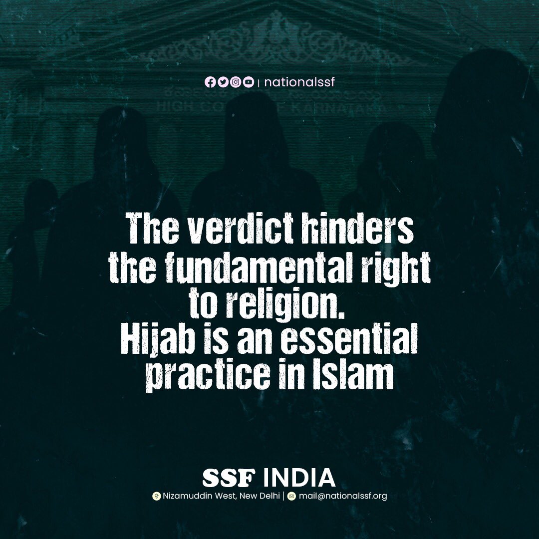 nationalssf's tweet photo. The move by Karnataka high court deprives the freedom of religious rights under Article 25. The observation of hijab being an unimportant practice in Islam is ignorant.
Hijab is an essential practice in Islam.
#WithdrawHijabBan #Hijab https://t.co/Hx9ZEl3ccu