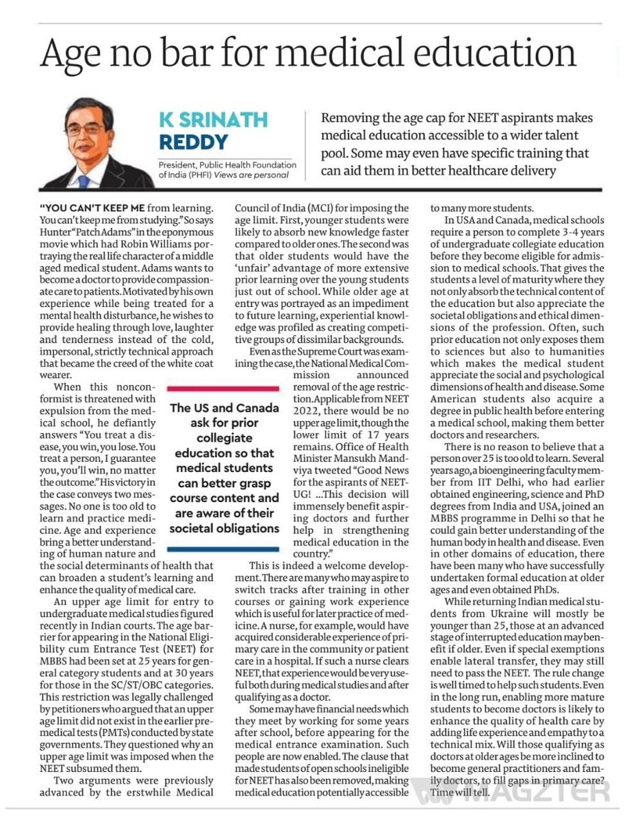 CitizenhealthIN's tweet photo. #Opinion by Prof. K. Srinath Reddy: "Removing the age cap for NEET aspirants makes medical education accessible to a wider talent pool. Some may even have specific training that can aid them in better healthcare delivery." 

https://t.co/jWrohNMjPt https://t.co/DfPwkPrdQc