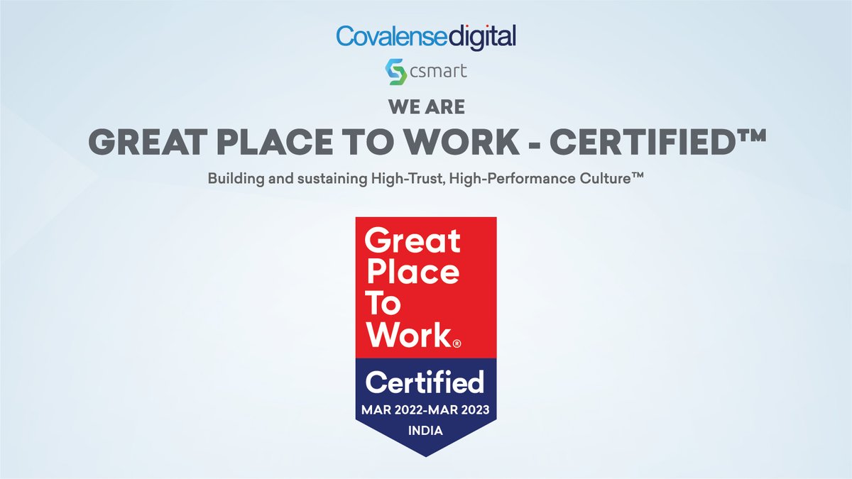 CsmartSol's tweet photo. @Covalensedigi is #GreatPlaceToWork again! 3rd year in a row! 🙌 
Great Place to Work® - a global authority on workplace culture has recognized #Covalensedigital as #GPTWcertified. A million thanks to our employees for trusting in the organization vision of a #happyworkplace. https://t.co/of4q52TLvw