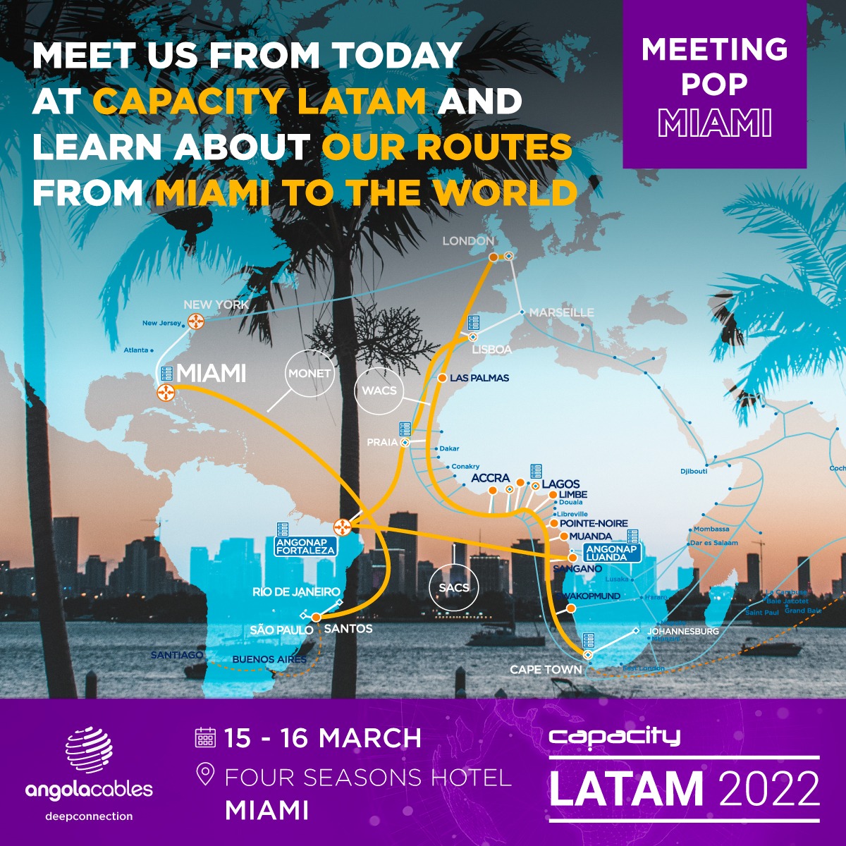 angola_cables's tweet photo. It starts today!
Meet us on Capacity Media #CapacityLatam2022, our team is ready to tell you about our POP-TO-POP routing options from Miami to the world.

 #angolacables #deepconnection #POP #MeetUs https://t.co/6pshaSqObK