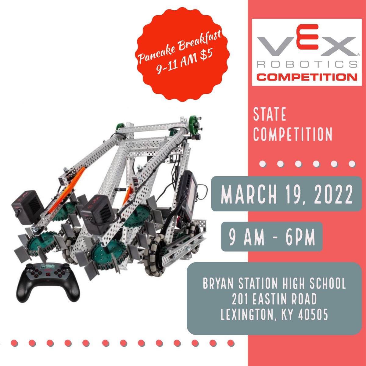 We are hosting a VEX Robotics Competition this Saturday!  Hope to see you there! #DefendingStation #vexrobotics