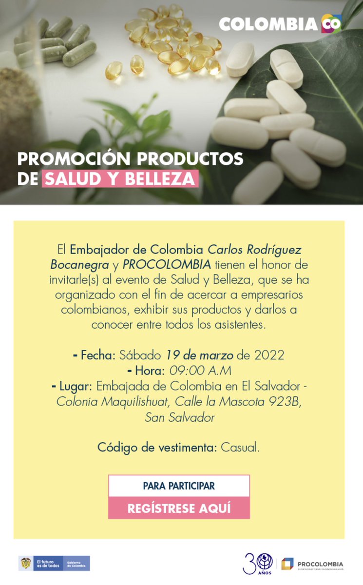 EmbColES's tweet photo. Embajada de Colombia invita a la comunidad colombiana en El Salvador al evento de Salud y Belleza que se llevará a cabo el próximo sábado 19 de marzo de 2022. Le invitamos a registrarse aquí https://t.co/IcN2c816iQ https://t.co/h2cSWacAgt