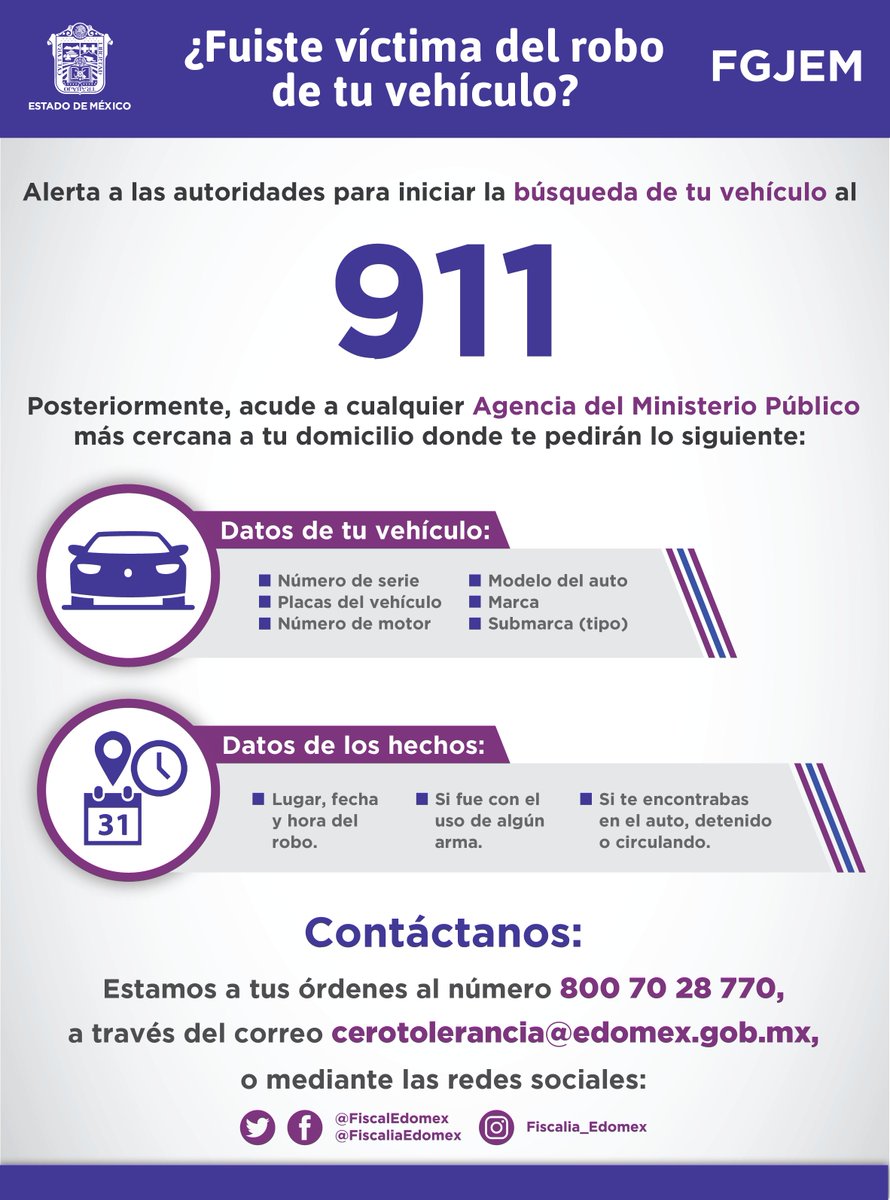 Si fuiste víctima del robo de tu vehículo, realiza el reporte de inmediato al 911 y sigue las siguientes recomendaciones. 
#FiscalíaEdoméx