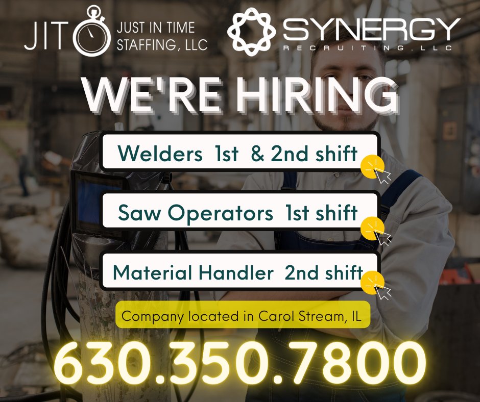 SynergyRecruite's tweet image. Manufacturing Company located in Carol Stream, IL is seeking for &quot;WELDERS, SAW OPERATORS, MATERIAL HANDLER, ETC&quot;
1st &amp;amp; 2nd shift opportunities!
If you have any experience contact us now and start ASAP

#carolstream    #welders    #sawoperators    #westaffbetter    #jitsynergy