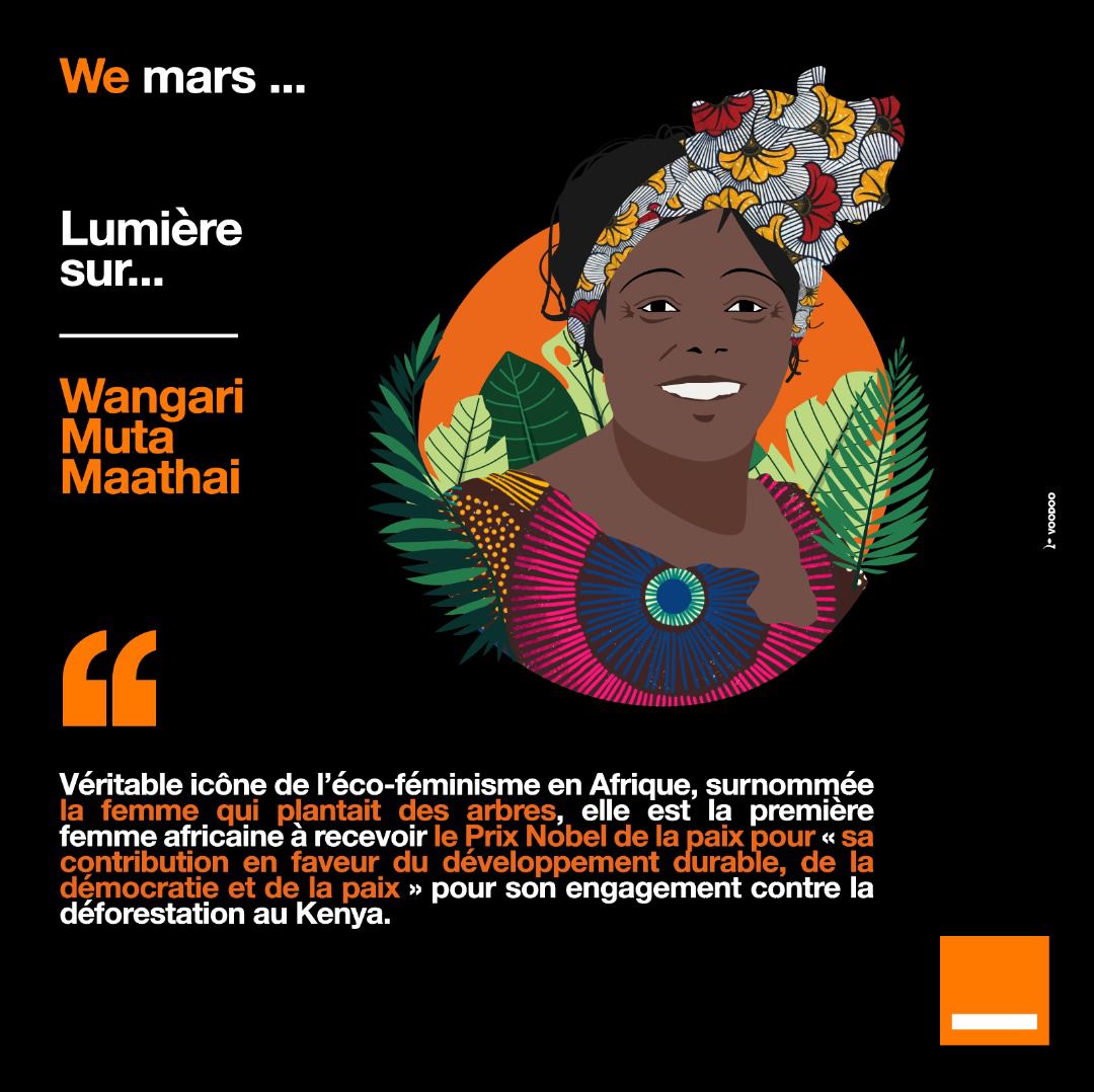 CI_Orange's tweet photo. #WeMars
Écoféministe, Wangari Muta Maathai a été la 1re femme africaine à recevoir le Prix Nobel de la paix pour "sa contribution en faveur du développement durable, de la démocratie et de la paix".
#JournéeInternationaleDroitsDeLaFemme https://t.co/dwFVqvWBDb