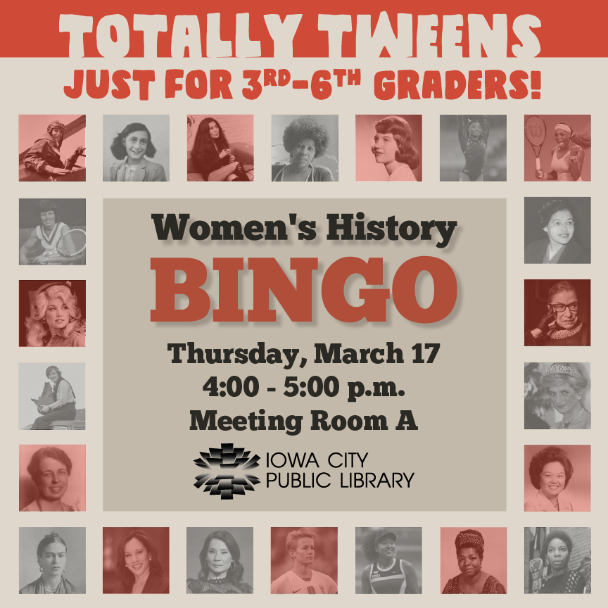 ICPL's tweet photo. Celebrate Women's History Month with an exciting bingo event! Learn about these history-making American women with every square called in this bingo game. Fabulous prizes are up for grabs in this fast-paced game! For more information: https://t.co/8bDzYnqQG4 https://t.co/YbHNVedToc