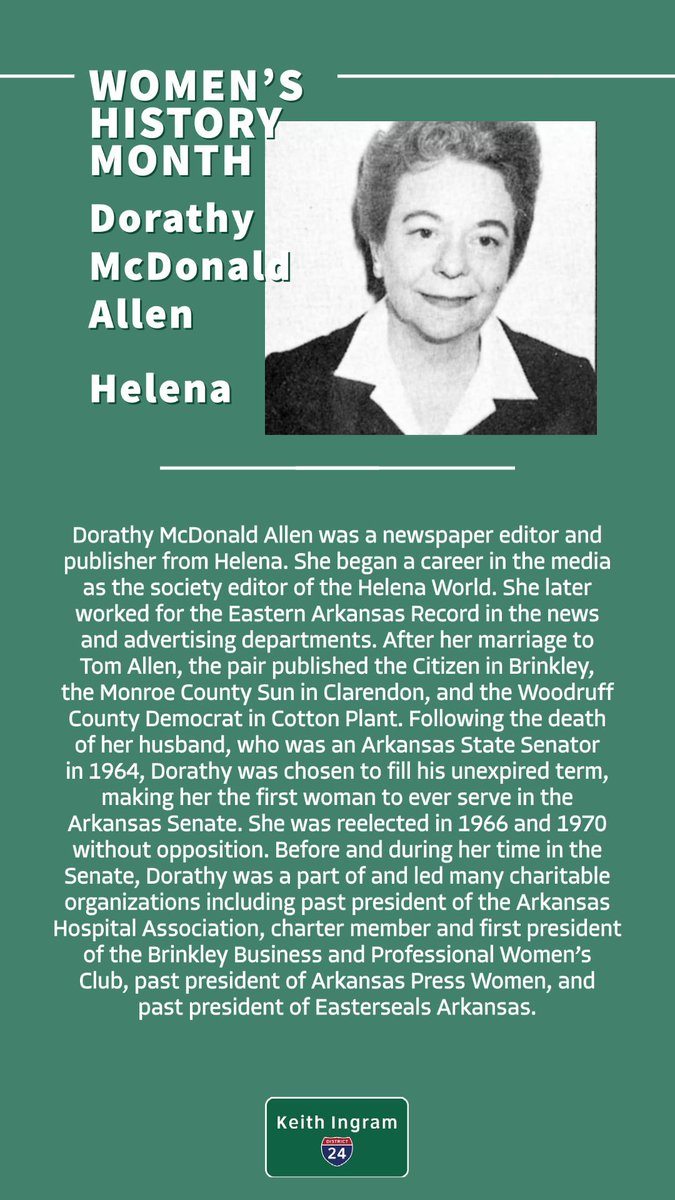 KeithIngramAR's tweet photo. March is Women’s History Month, and we’re celebrating by highlighting the incredible contributions of historic women from District 24. Today, we're celebrating Dorothy McDonald Allen of Helena. KMI https://t.co/VmRGyZJnfQ