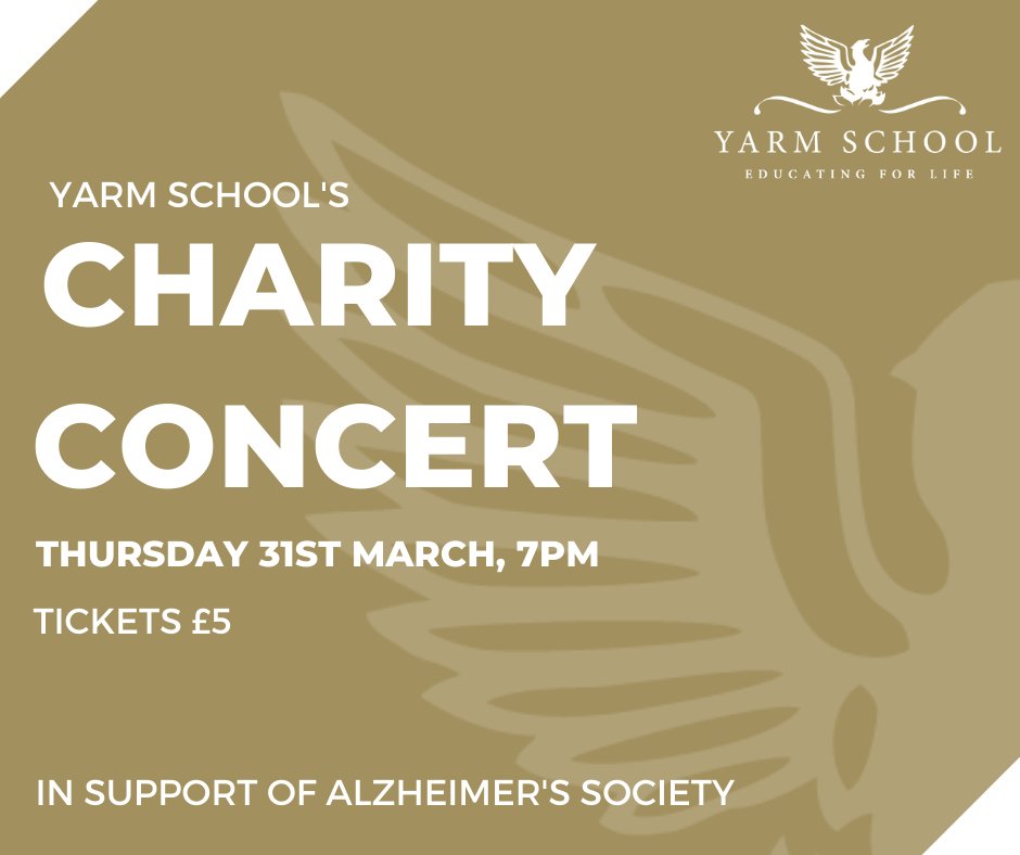 YarmSchool's tweet image. Join us on Thursday 31st March for our next musical extravaganza in the PAA.

This Charity Concert is coordinated by Upper Sixth student, Emily, in aid of Alzheimer's Society. 

Buy your tickets online at: bit.ly/yarm-charity-c…

#charityconcert #springmusic #alzheimerssociety