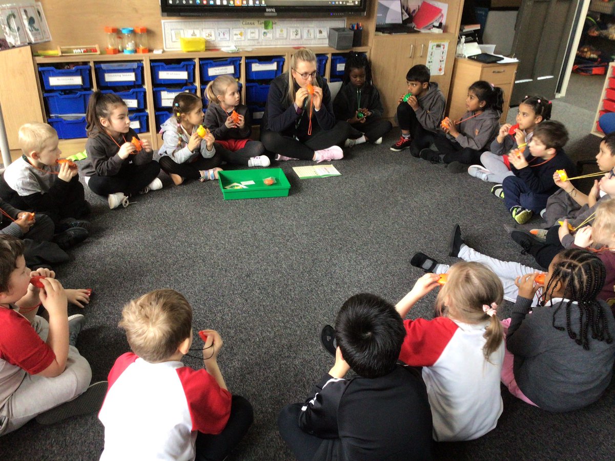 LeighCEPrimary's tweet photo. Miss Gent has been having fun teaching the ocarinas to the Sunshine class this week. We are getting rather good 😊 #ocarinas #musicians @TheWingsCE https://t.co/TB9QYi8vbr