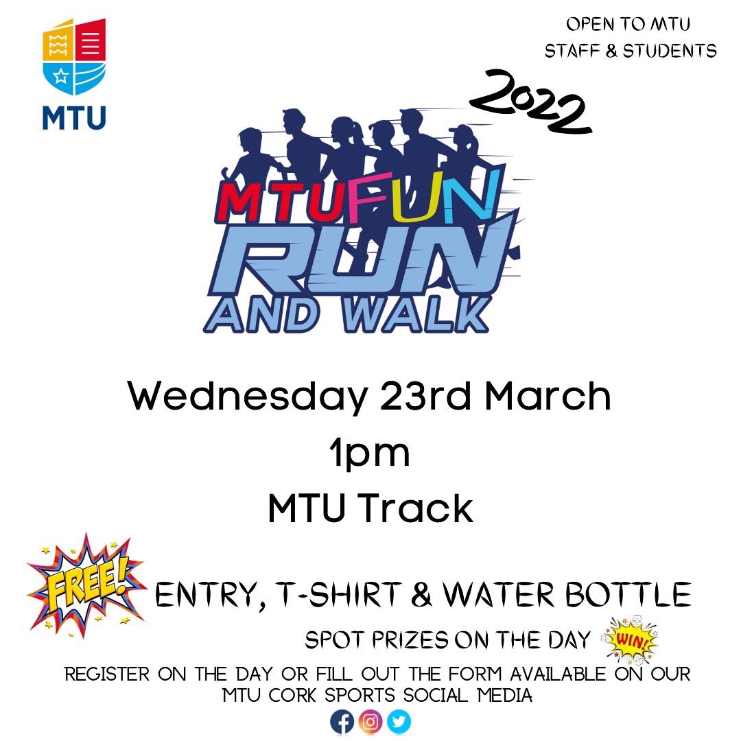 MTUCork_Sports's tweet photo. Ready, Steady, Go 😜
Delighted that our annual fun run/walk is back and taking place next Wednesday 23rd March @ 1pm at the MTU Track. You can register on the day or fill out form also attached and bring with you on the day or email to sportcork@mtu.ie. 😁#mtusport #funrunwalk https://t.co/RXhnWNGOA7