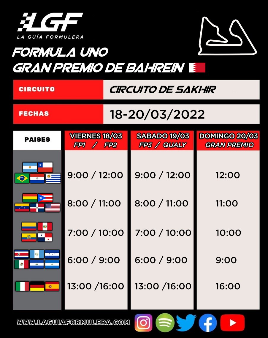 laguiaformulera's tweet photo. 📢‼️ATENCIÓN⚠️
VOLVEMOS A PISTA 🏁
Se viene el primer GP de la temporada 2022 y no te lo podés perder.
📆 Aquí van los horarios del GP de Bahrein 🇧🇭
📺 Transmite ESPN2 y Star+
#f1 #formula1 #LGF1 #BahrainGP #GPBahrein #Sakhir #horarios https://t.co/1ozqVJP7jl