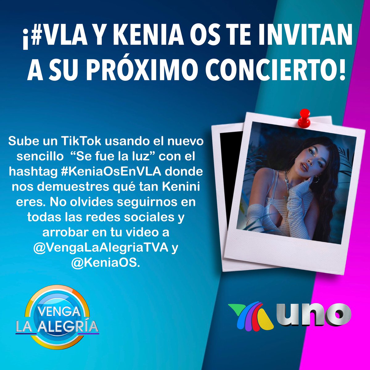 VengaLaAlegria's tweet photo. ¡#VLA y @KeniaOS te invita a su concierto! 🙌🏻🎉💃🏻

Sube un video a TikTok usando el nuevo sencillo de Kenia Os “Se fue la luz” con el hashtag #KeniaOsEnVLA donde nos demuestres que tan Kenini eres.

Checa toda la info aquí >>> https://t.co/g0RnoHHl3O https://t.co/VXk5rM8B35